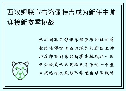 西汉姆联宣布洛佩特吉成为新任主帅迎接新赛季挑战 西汉姆联宣布洛佩特吉成为新任主帅迎接新赛季挑战