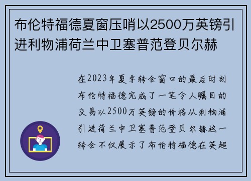 布伦特福德夏窗压哨以2500万英镑引进利物浦荷兰中卫塞普范登贝尔赫 布伦特福德夏窗压哨以2500万英镑引进利物浦荷兰中卫塞普范登贝尔赫